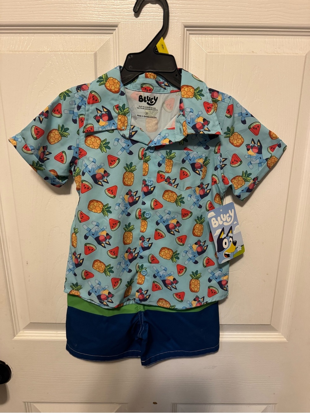 Bluey Kids Light Blue Pineapple & Watermelon Swin Set with Navy Shorts